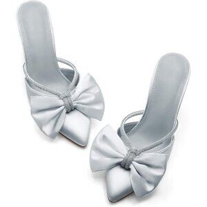 Silver Satin Bow Heel Womens Pointed Rhinestone Closed Toe Sandals Wedding Shoes